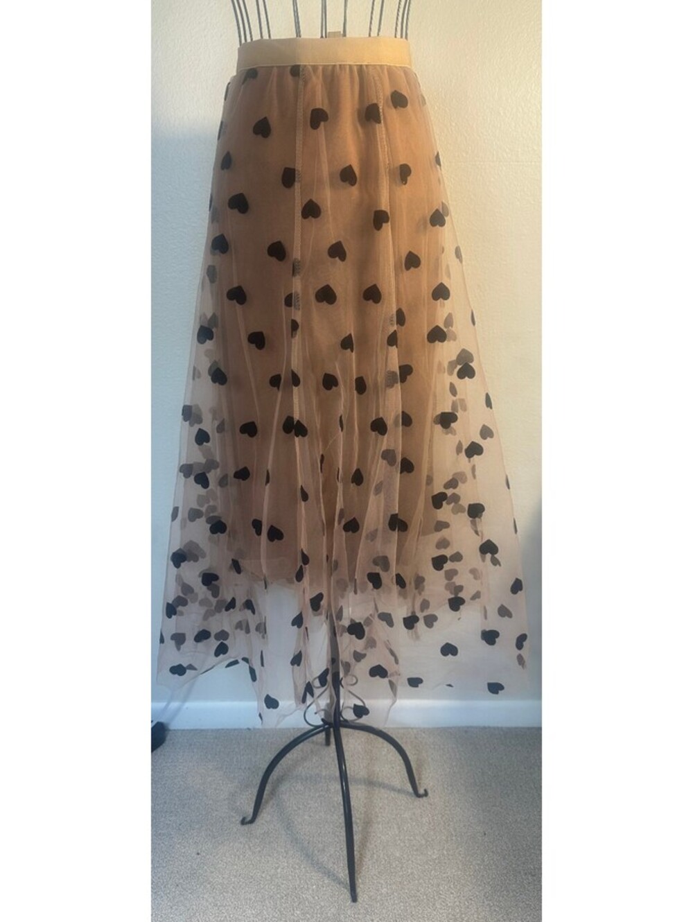 Tan Coquette 3D Velvet Hearts Tulle Midi Skirt Double-Layered